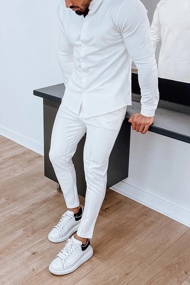 mens outfit inspiration Spring and Autumn Men's Casual Solid Color Suit Shirt T-shirt Long-Sleeved Trousers Sports Style Suit