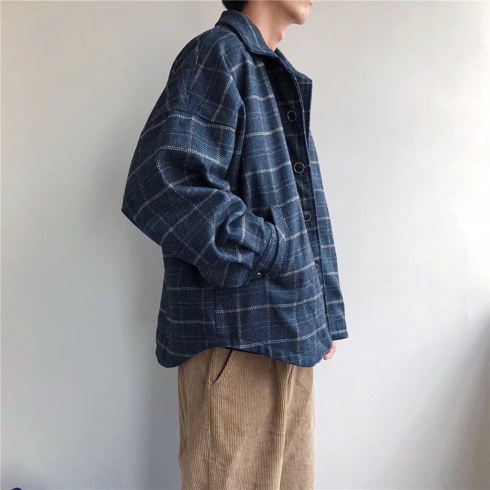 mens fall fashion Plaid Woolen Coat Men's Autumn and Winter Japanese Fashionable Ins Elegant High-Grade Loose Short Thickened Jacket Top