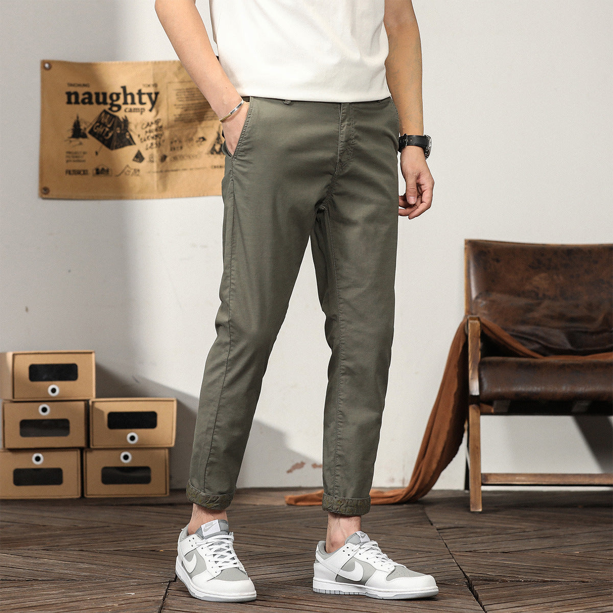 business casual men Casual Pants Men's Autumn Thin Slim Straight Trousers Hong Kong Style Trendy Simple Tapered Ankle-Length Business Trousers