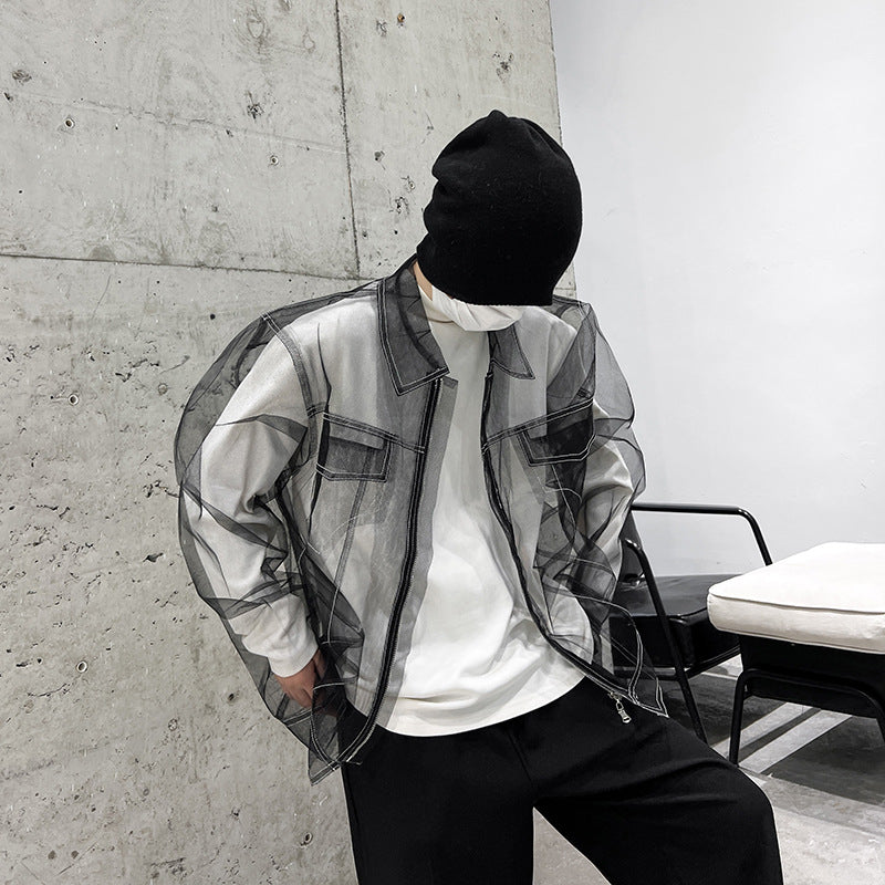 90s fashion men Prohibited Transparent Tulle Jacket Men's Spring and Summer High-Grade Ruan Handsome Mesh Jacket Men's Model Workwear Jacket