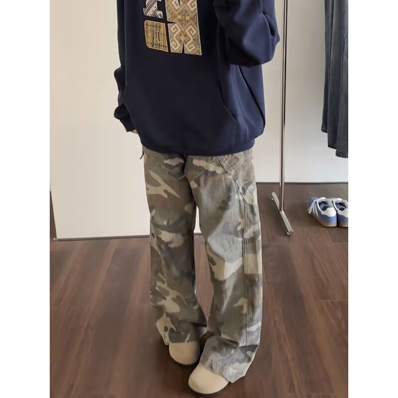 2000s fashion American Retro Camouflage Pants Men's Spring and Autumn Micro-Pull Wide-Leg Overalls High Street Drape Design Casual Mopping Pants