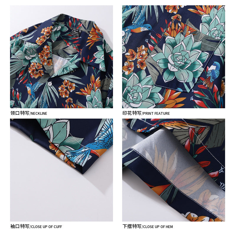 men’s style Retro Printed Cuban Collar Short-Sleeved Shirt Men's Summer Fashion Brand Street Loose BF Style Shirt Jacket