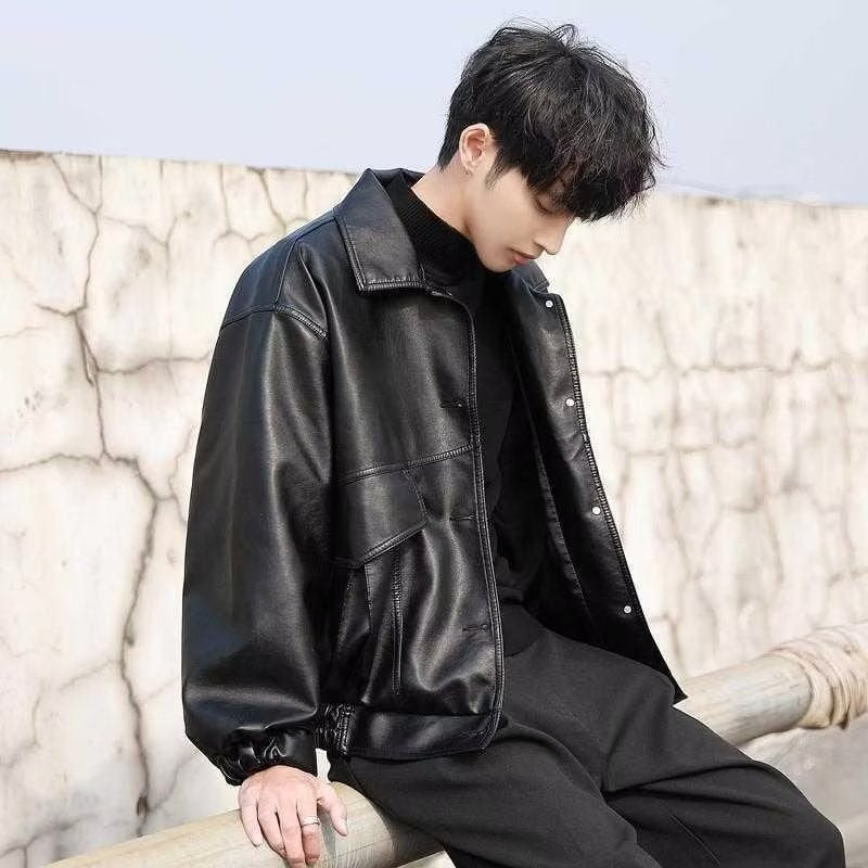 bomber jacket Korean Style Loose Leather Coat Men's Knight Motorcycle Suit Pilot Leather Jacket Spring and Summer Thin Handsome All-Matching Coat