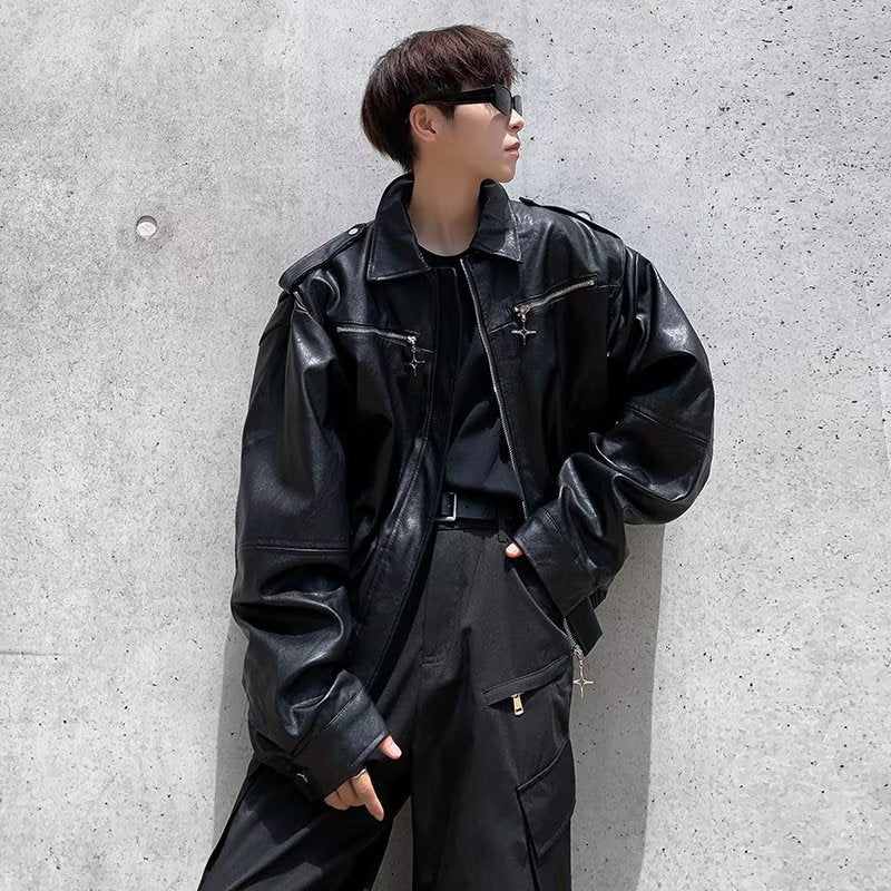 techwear outfits Autumn New High Street Zipper Decoration Personalized Retro Lapel Flight Suit Top PU Leather Men's Jacket Jacket