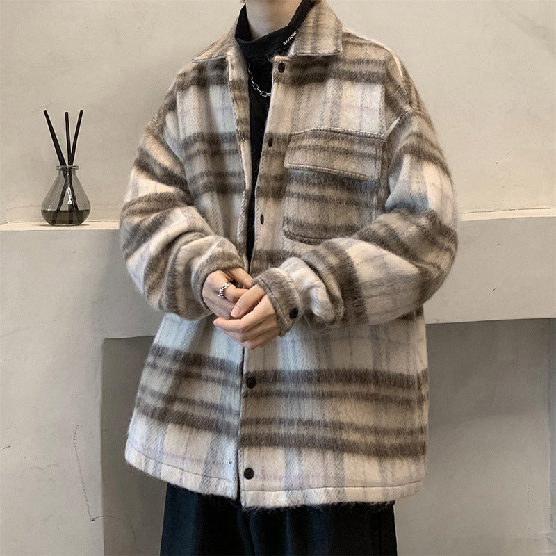 guys fashion casual Chanel Style Thickened Woolen Coat Men's Autumn and Winter Design Fashion Brand Loose Warm Plaid Jacket Stand Collar Cotton-Padded Jacket