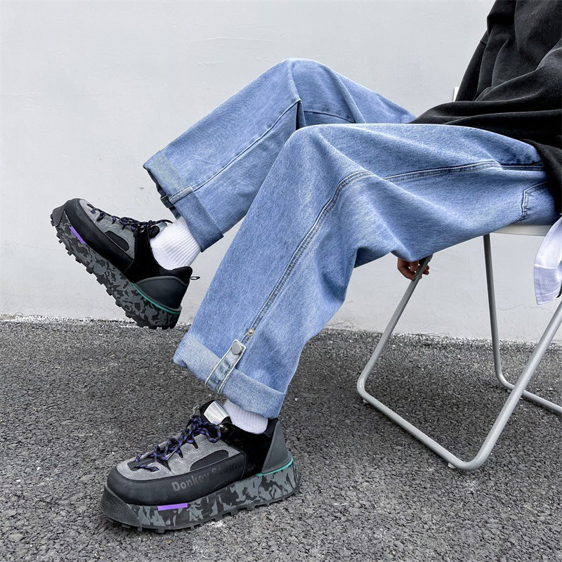 boy outfits Spring and Summer Trendy Men's Jeans Loose Straight Casual Draping Wide-Leg Hong Kong Style Cropped Sports Long Pants