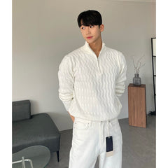 men fall outfits Half Turtleneck Zipper Sweater Men's High-Grade Lazy Pullover Long Sleeve Sweater Fashionable Western Style All-Match White Coat