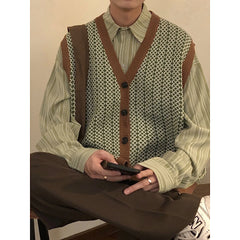 man outfit 2024 Autumn and Winter Loose American Fashion All-Matching Brown Vintage Knitted Cardigan Vest Sweater Vest Men's Japanese Style