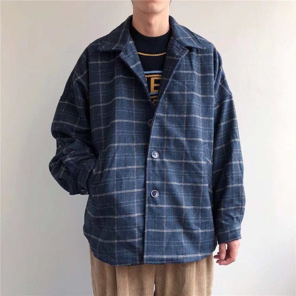 mens fall fashion Plaid Woolen Coat Men's Autumn and Winter Japanese Fashionable Ins Elegant High-Grade Loose Short Thickened Jacket Top