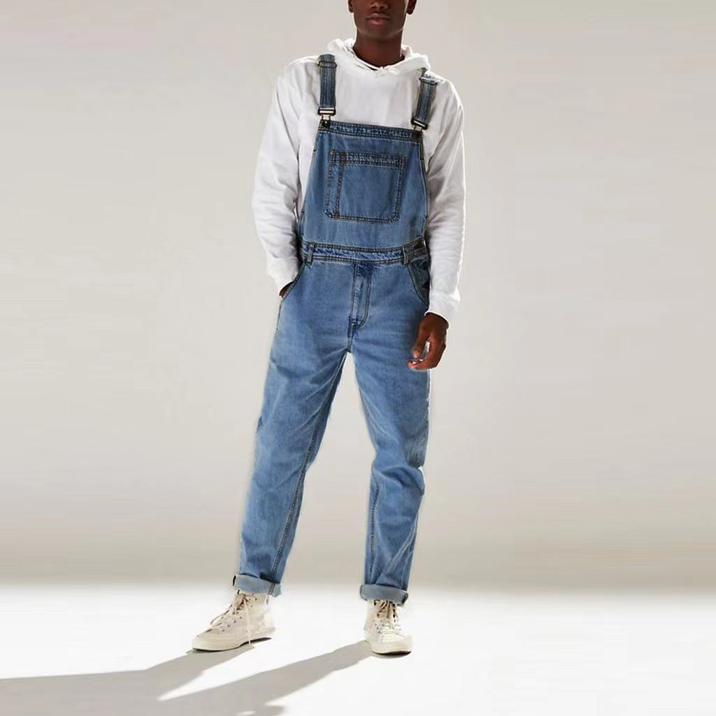 black men streetwear 2024 New Summer Street Hipster Solid Color Suspender Pants Sling One-Piece High Waist Men's Jeans