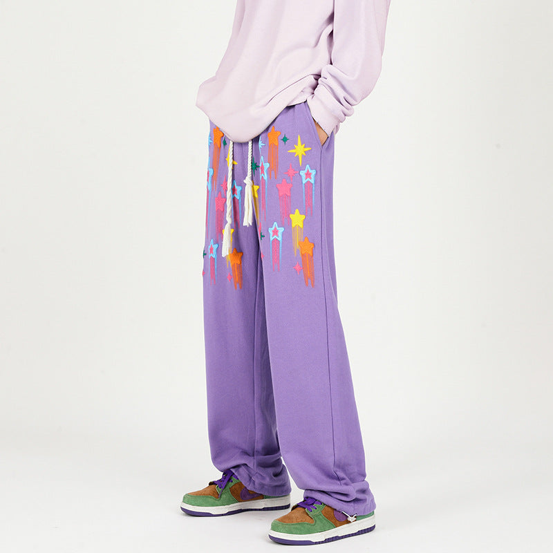 90s fashion men Graffiti Star Casual Pants Men's Spring American Retro Fashion Brand Straight Pants Loose All-Match Couple Wide-Leg Pants