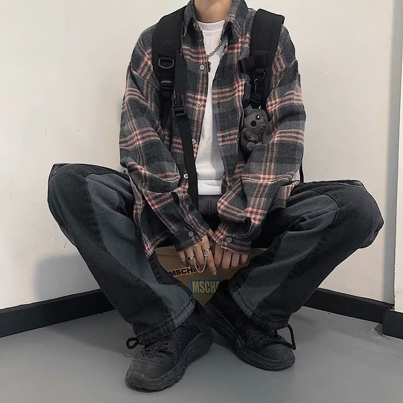 black men streetwear Plaid Shirt Men's Long Sleeve Spring and Autumn Loose Retro Trendy Lazy Style Korean Style Ruan Handsome Inner Short Sleeve Shirt Jacket