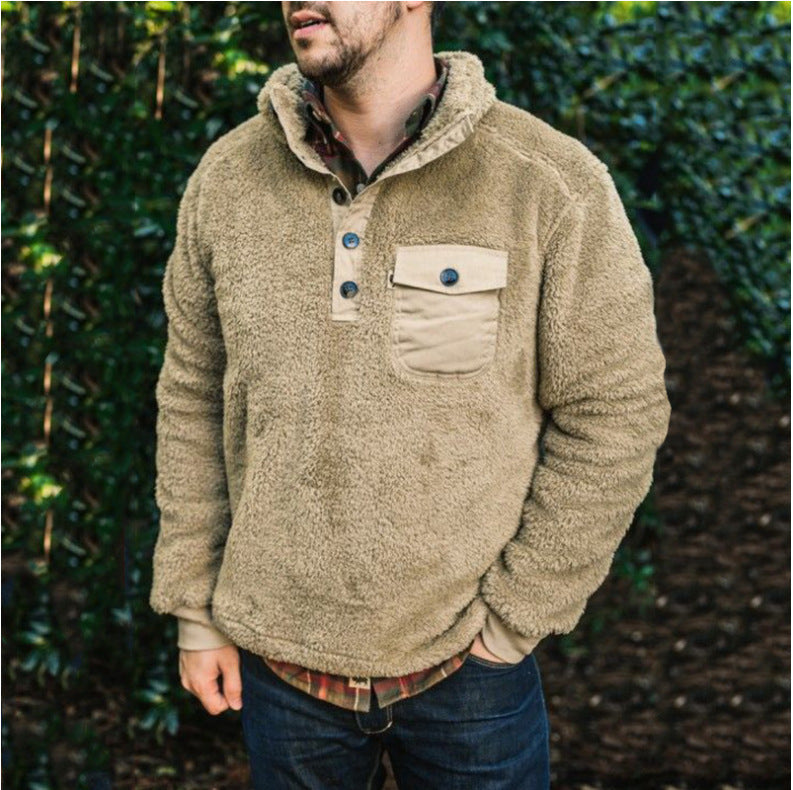 men fall outfits Autumn and Winter Casual Flannel Plush Sweater Men's Stitching Pocket Sweater