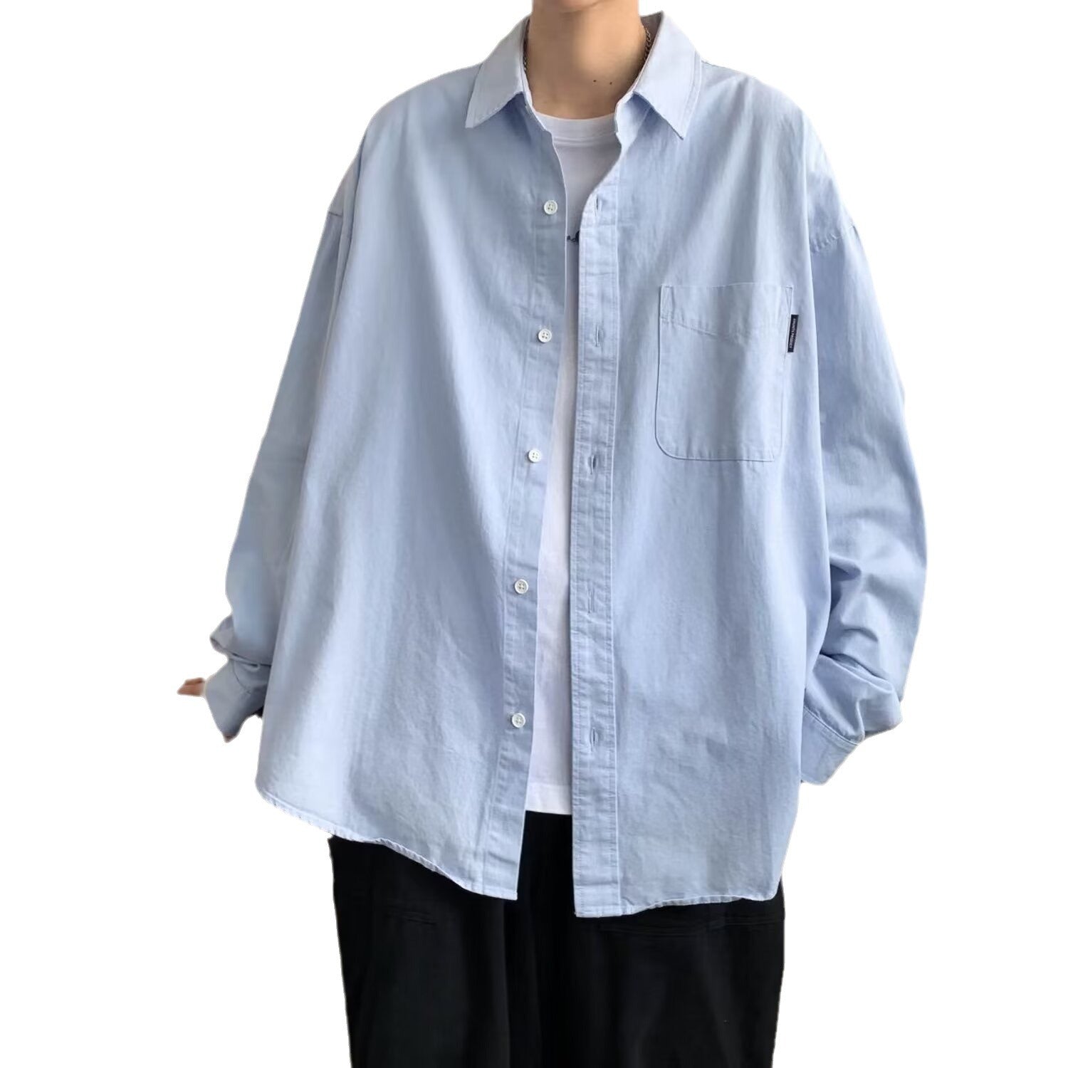 outfits for men Japanese Solid Color Long-Sleeved Shirt Men's Niche Design Sense Stacked Lapel Shirt Coat for Teenagers