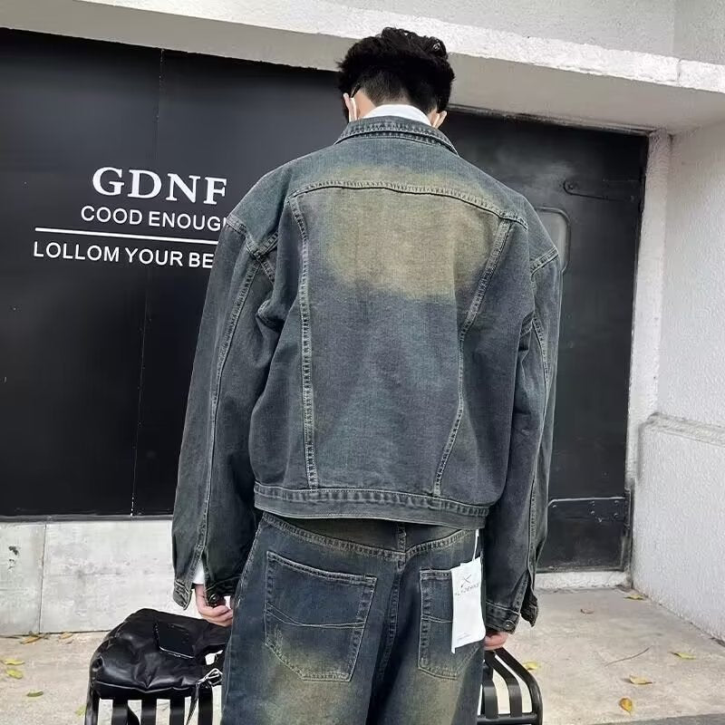 90s fashion men 2024 American-Style Distressed Jacket Suit Men's Ins High-Grade Retro Design Shoulder Pad Denim Coat Short Fashion