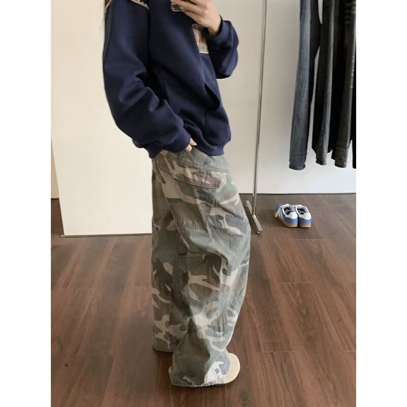 2000s fashion American Retro Camouflage Pants Men's Spring and Autumn Micro-Pull Wide-Leg Overalls High Street Drape Design Casual Mopping Pants