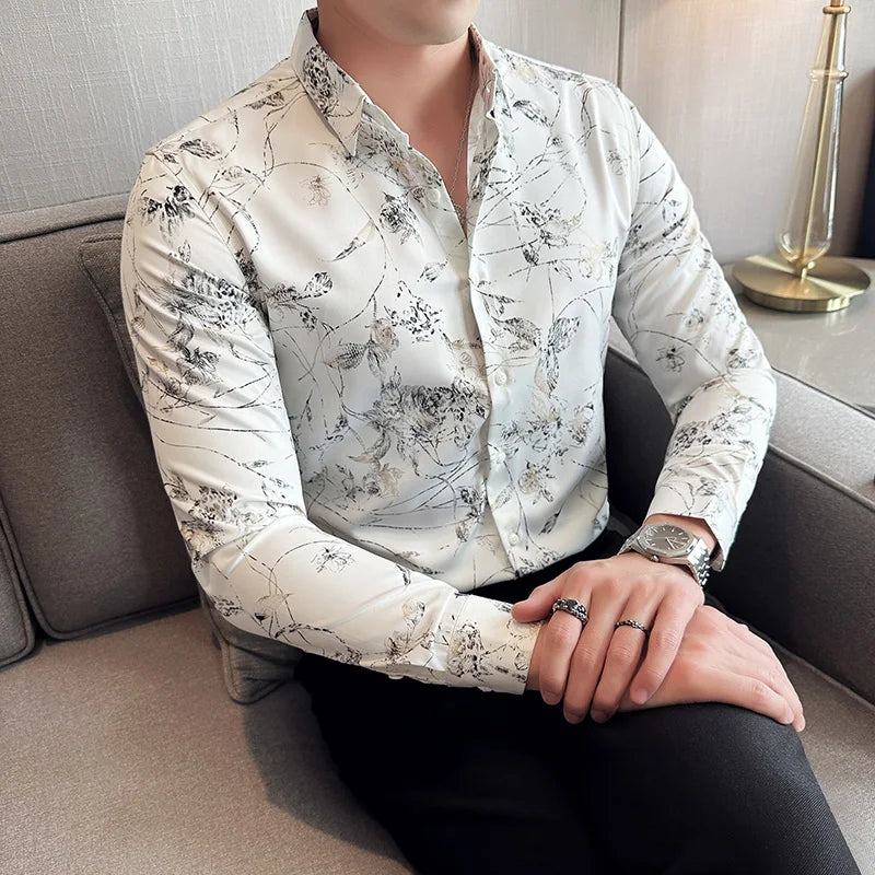 Hehope Luxury Gold Silk Printed Shirt Men Fashion Slim Fit Long Sleeved Casual Shirts Business Social Formal Dress Shirts Men Clothing