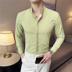 Hehope Brand New Fashion Stand Collar Solid Slim Fit Shirts Mens Casual Luxury Long Sleeve Party Wedding Business Dress Shirts