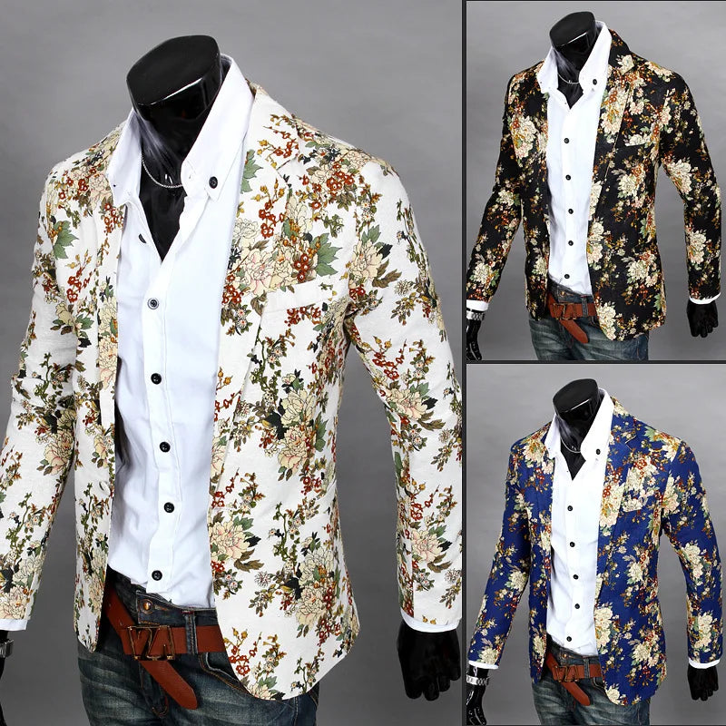 Hehope New Male Retro Vintage Casual Blazer Beauty Print Design Mens Fashion Suit Jacket Singer Costume fashion nightclub dance Coat