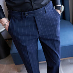 Hehope Men's Striped Suit Pants Elastic Autumn New Social Casual Trousers Slim Fit Suit Pants Business Office Wedding Men Clothing