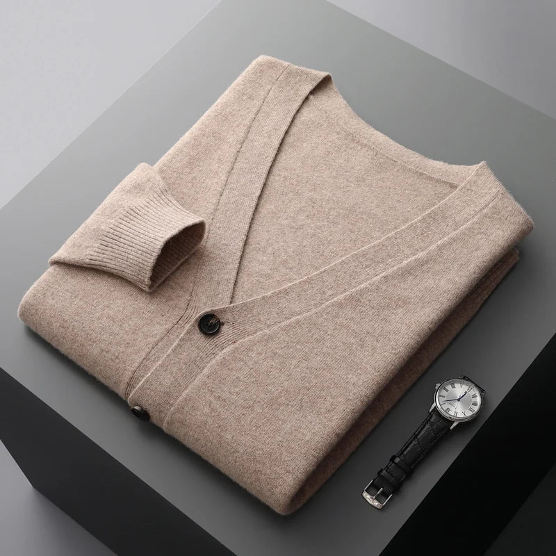 Hehope 100% Merino Wool Men's Cardigan Cashmere Sweater Autumn and Winter New Knitted Coat Solid Color Long Sleeve High Quality Coat