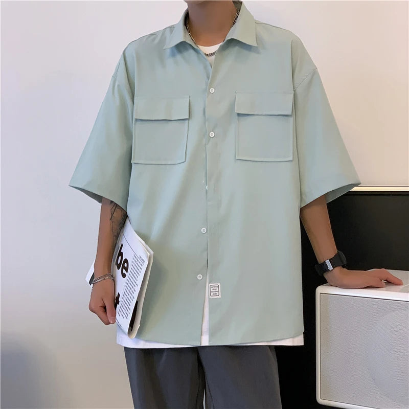 Hehope Men's Solid Color Cargo Shirts Summer Fashion Pockets Short Sleeve Shirt Men Casual Oversize Tops Male Clothing