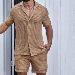 Hehope Leisure Breathable Hollow Out Beach Two Piece Sets Men Summer Short Sleeve Shirts And Shorts Mens Mesh Outfits New Casual Suits