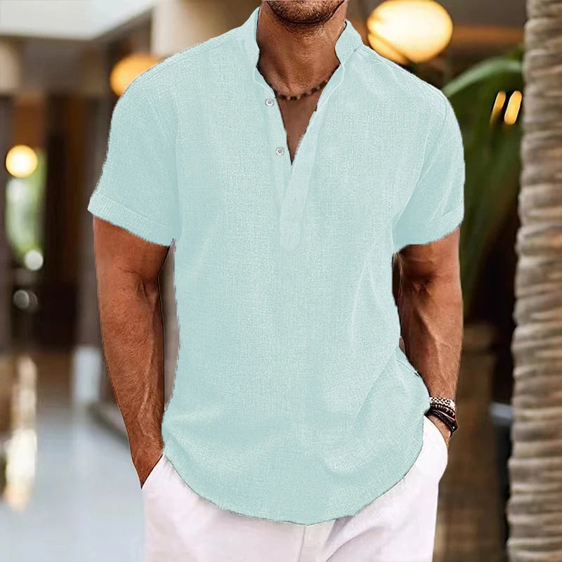 Hehope Beach Style Casual Shirt Mens Tops Loose Breathable Short Sleeve Pure Color Pullovers Men Summer Fashion Stand Collar Button Tee