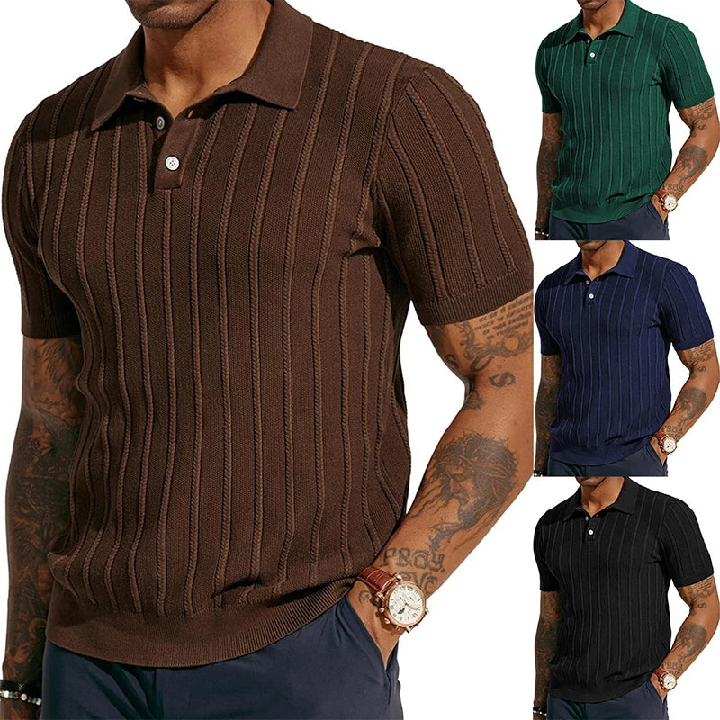 Hehope 2024 Summer Short Sleeve Casual Polo Shirt Men Knitted Turn-down Collar Buttoned T Shirts Vintage Striped Knitting Solid Polos