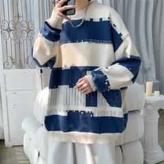 Hehope Korean Fashion Men's Plus Size Sweater Striped Loose Round Neck Knitted Top Autumn New Casual Pullover Sweaters