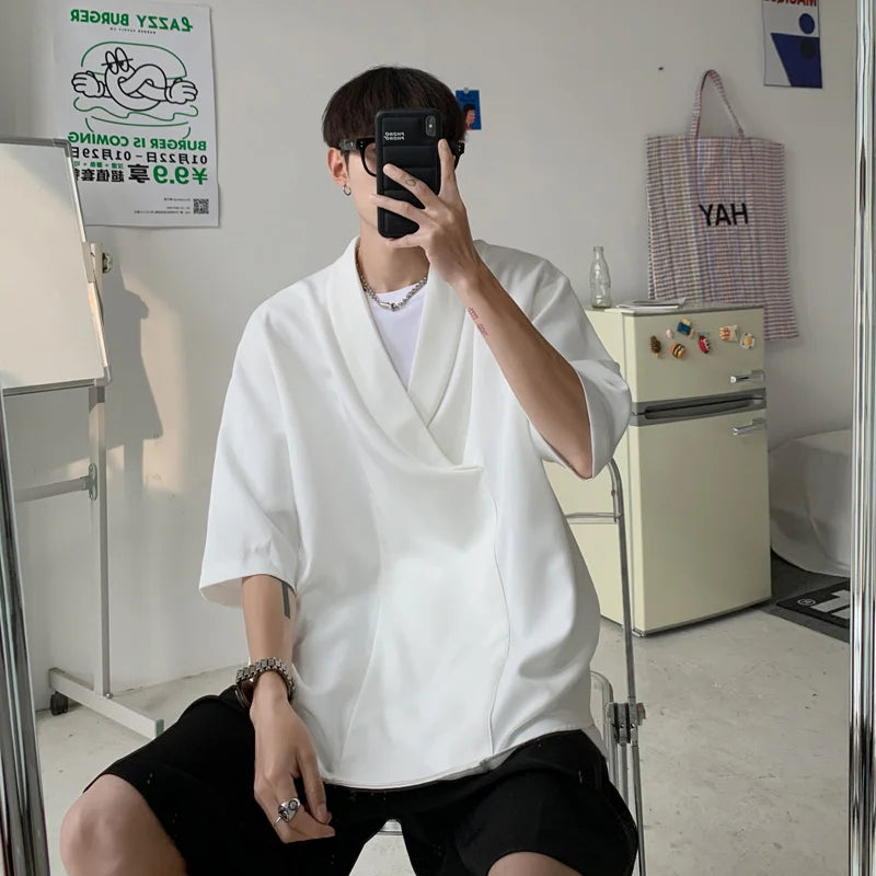 Hehope Summer Black White Pullover Shirt Men Fashion Oversized Casual Shirt Men Korean Loose Short Sleeve Shirts Mens Dress Shirt M-2XL