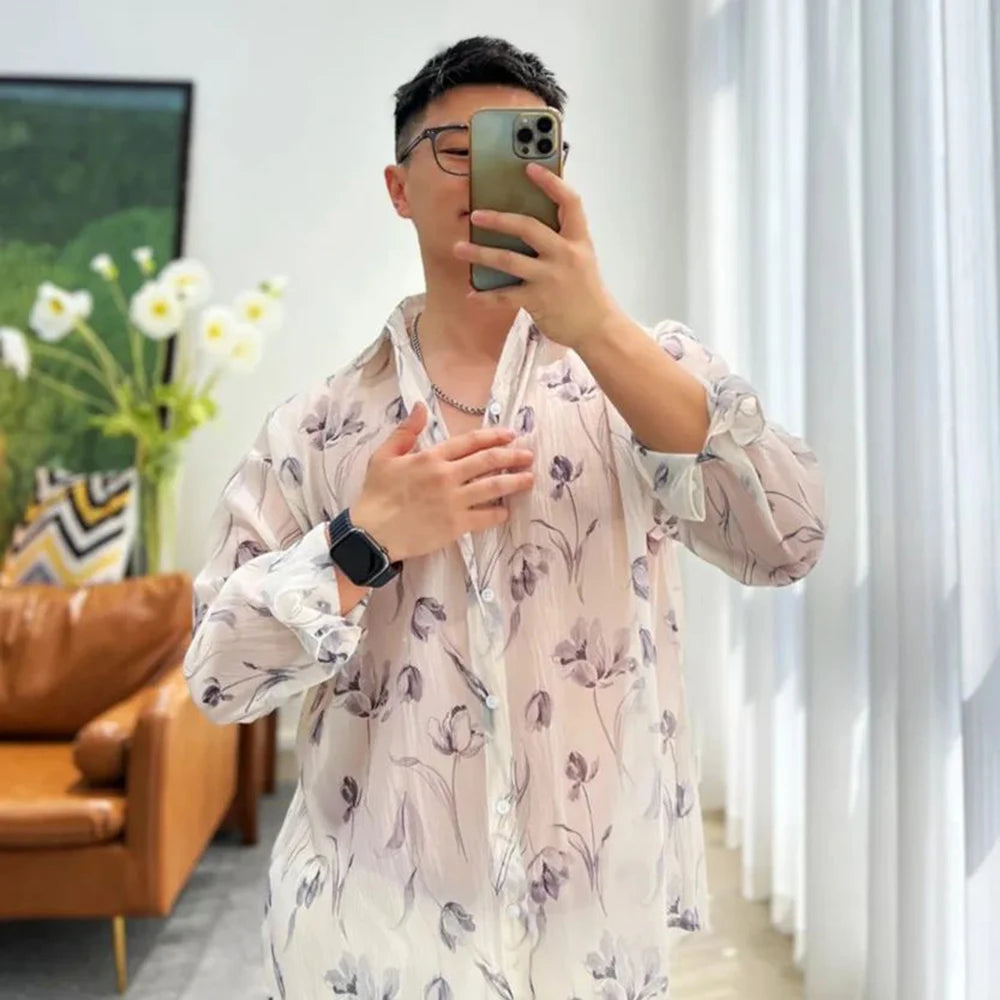 Hehope Men Sheer Floral Shirt Fashion Sexy Mesh See-through Long Sleeve Shirts Summer Casual Blouse Neutral Thin Loose Clothing