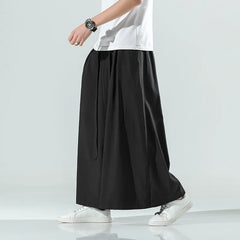 Hehope Chinese Style Summer Men's 2024 New Patchwork High-waisted Bandage Pockets Fashion Solid Color Minimalist Casual Wide Leg Pants