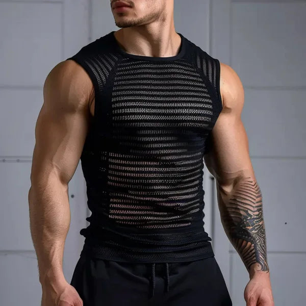 Hehope Men's See-through Striped Vest Sexy Cutout Mesh Men's Black Vest Summer Sleeveless Tee Male Sleeveless T-shirt Tank Top Man Tops