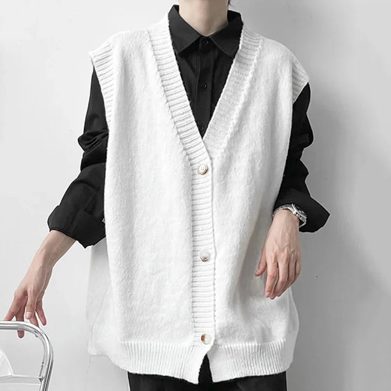 Hehope Fashion Menswear Solid Color Knitting Cardigan Sweater Men's Spring And Winter New Loose V-neck Single Breasted Vest