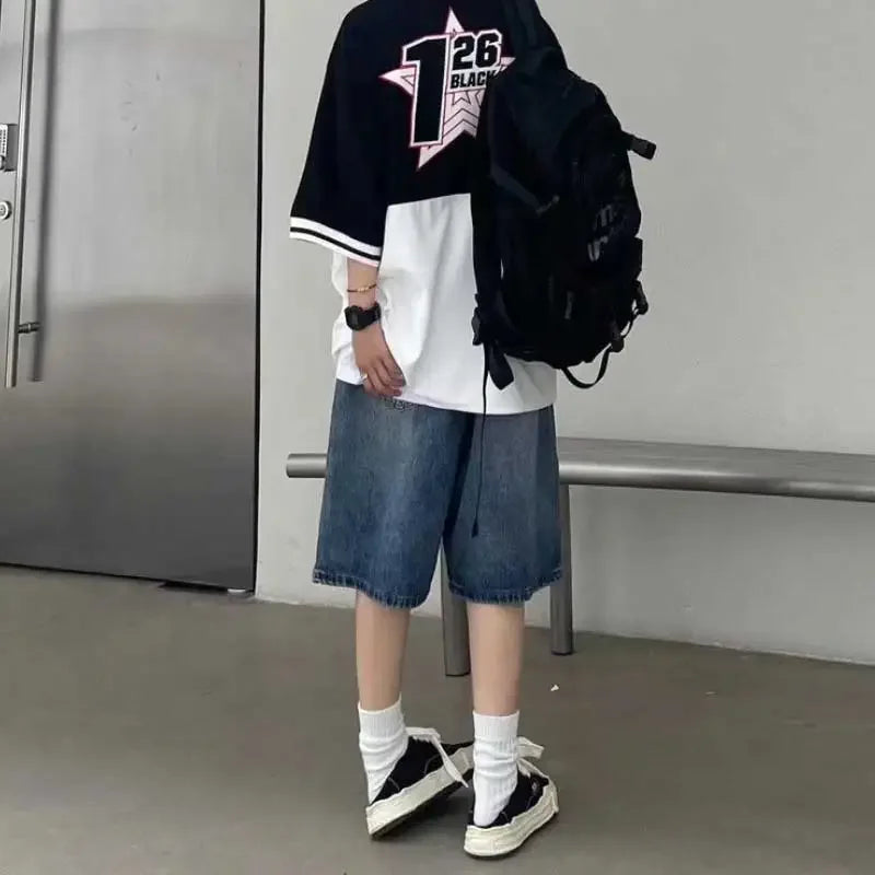 Hehope High Street Retro Blue Jeans Shorts Summer New Baggy Wide Leg Denim Half Pants Fashion Streetwear Y2k Clothing Oversize Man