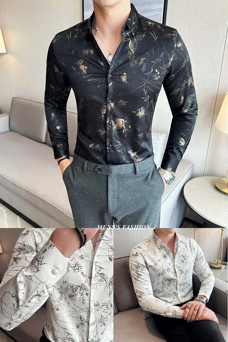 Hehope Luxury Gold Silk Printed Shirt Men Fashion Slim Fit Long Sleeved Casual Shirts Business Social Formal Dress Shirts Men Clothing