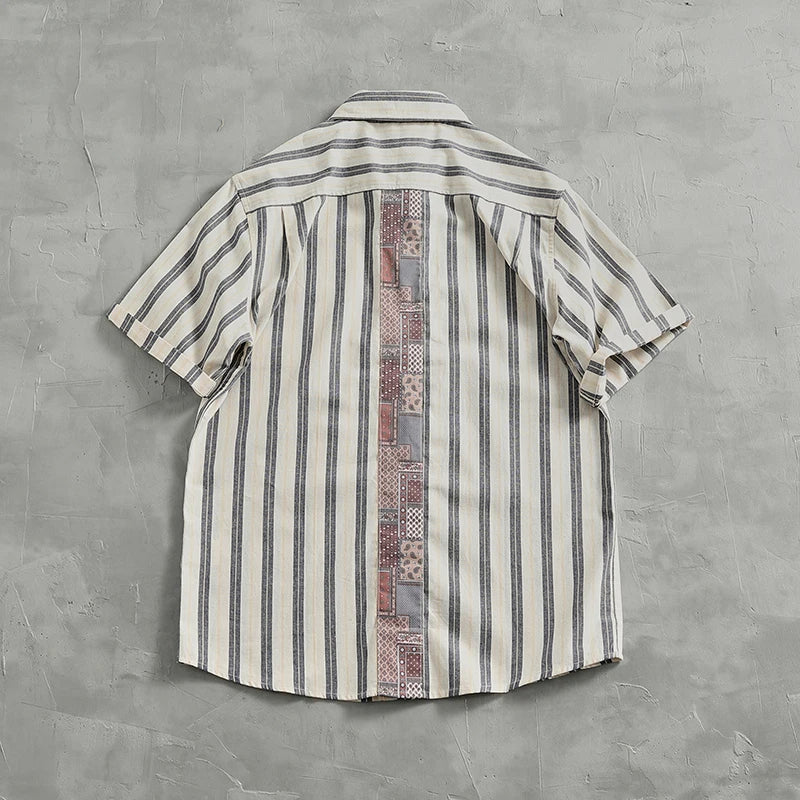 Hehope Vintage Fashion Striped Short-sleeved Shirt Men's Top Vintage Loom Cotton Patchwork Fabric Summer Cargo Shirt