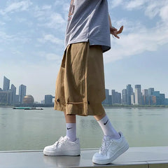 Hehope Summer Hong Kong Breeze Men's Clothing Trend Solid Color Loose Straight Wide Leg Bloomers High Street All-match Cropped Shorts