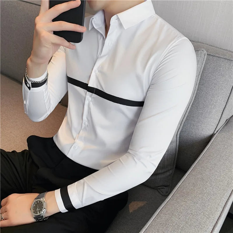 Hehope Autumn Long Sleeve Shirts Slim Fit Casual Business Formal Dress Shirts Ribbon Decoration Social Party Office Shirts Men Clothing