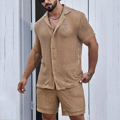 Hehope Men's Sexy Cut-out Shorts Two Sets Summer See-through Men's Shirt Suit Business Casual Male Polo Shirt Men's Clothing Tracksuit