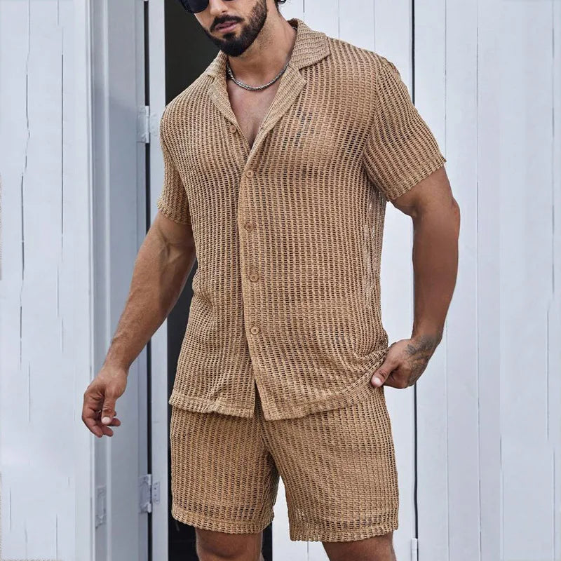 Hehope Men's Sexy Cut-out Shorts Two Sets Summer See-through Men's Shirt Suit Business Casual Male Polo Shirt Men's Clothing Tracksuit