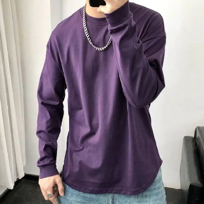 Hehope New Spring and Autumn Fashion Simple Round Neck Solid Color Versatile Trend Casual Loose Underlay Oversize Men's T-shirt