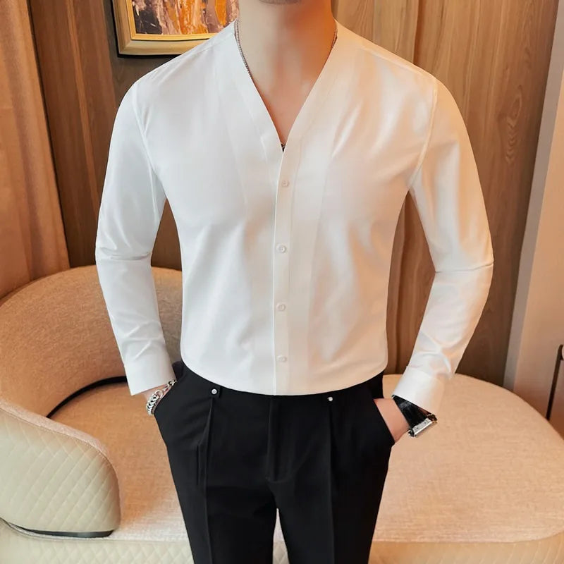 Hehope Solid Color Scarless Elastic Shirt Men Fashion V-neck Slim Casual Business Dress Shirts Social Party Tuxedo Blouse Men Clothing