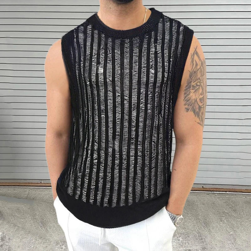 Hehope Hip Hop Mens Slim Tank Tops Knitted Crew Neck Sleeveless Casual Camisoles 2024 Summer Sexy Hollow Out See Through Knitting Vest