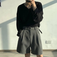 Hehope Summer Grey/Black Suit Shorts Men Fashion Society Mens Dress Shorts Korean Style Loose Straight Shorts Mens Casual Shorts M-XL