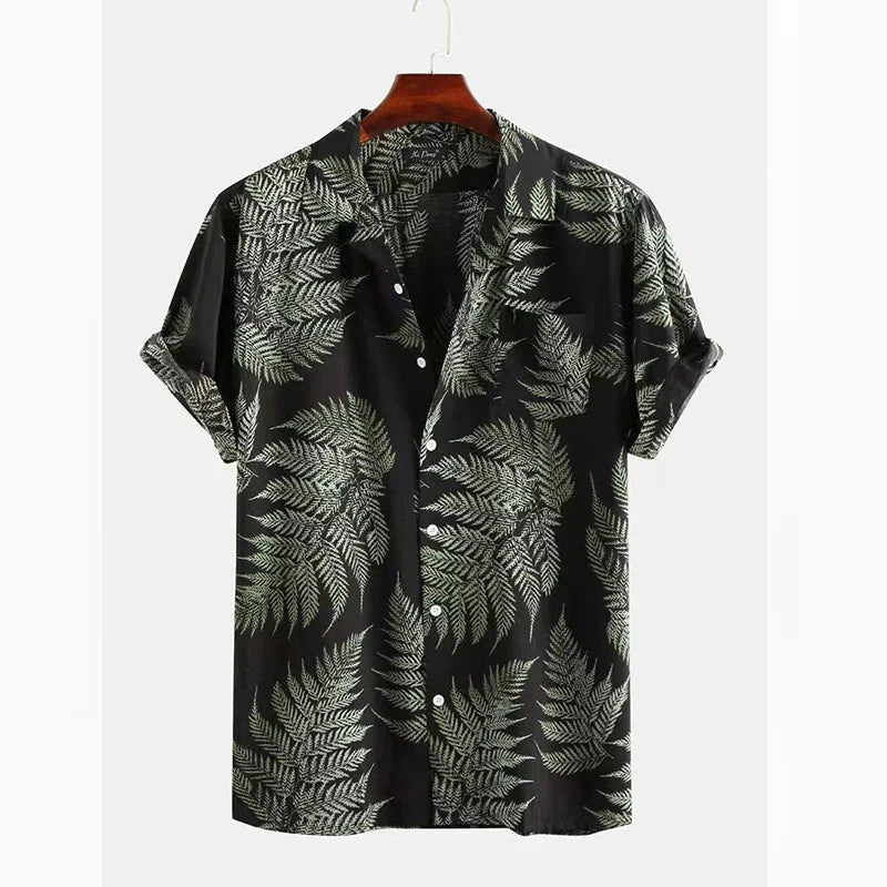 Hehope New Summer Men's Hawaiian Shirts Maple Leaf Print Turn-down Collar Shirts For Men Button-up Short Sleeve Tops Trend Men Clothes