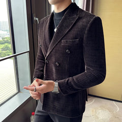 Hehope Mens Corduroy Blazers British Style Autumn Male Slim Fit Suit Jackets High Quality Tuxedo Office Fashion Brand Men Clothing