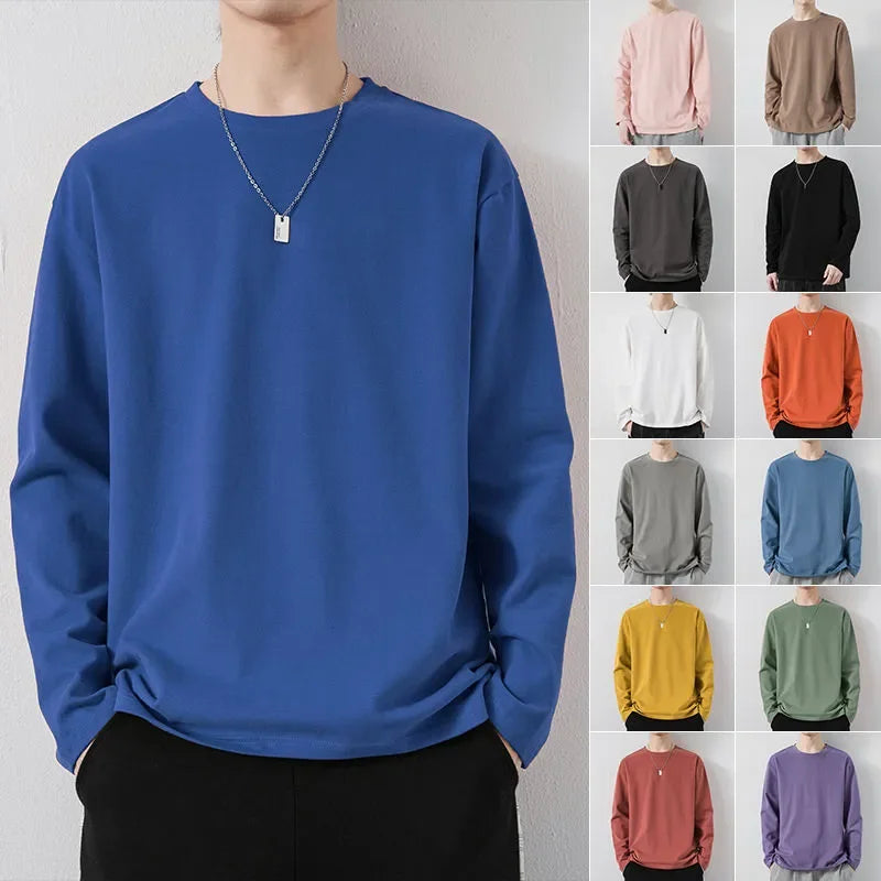 Hehope 2024 New 5XL Long Sleeve T-shirt Men's Spring and Autumn New Solid Color Laydown Casual Top Coat Round Neck Underlay Shirt