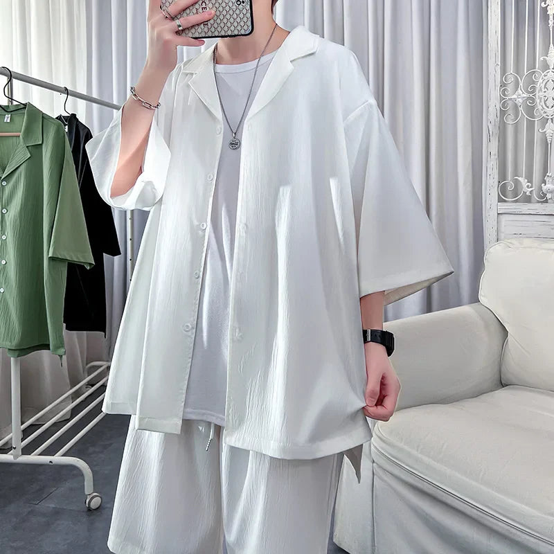 Hehope Korean Style Men's Set Shirt+Shorts Solid Short Sleeve Top Matching Bottoms Summer Fashion Oversized Clothing Men